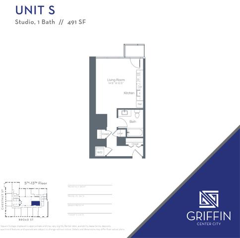 Floor plan for studio, 1 bath, 495 sqft